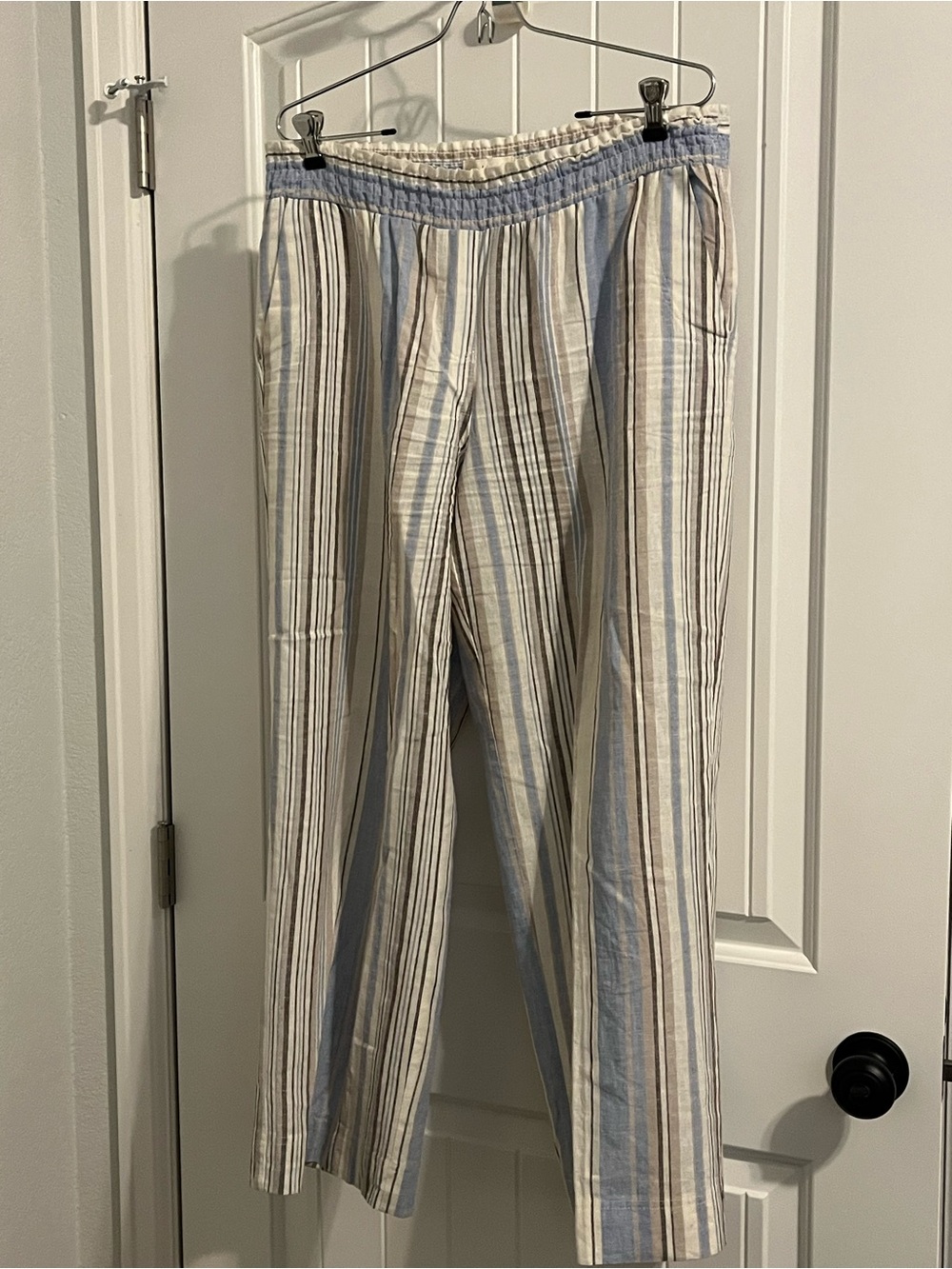 Striped Linen-Blend  Pants in Blue and Cream